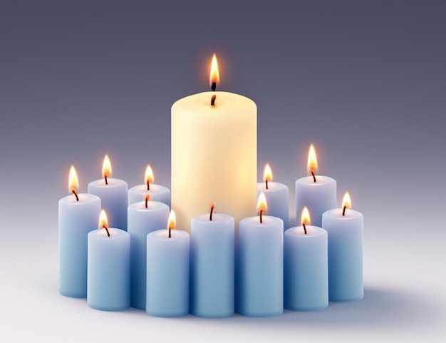 Blue candles with white flames on a gray background