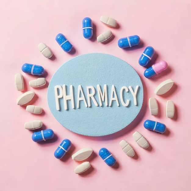 ピンクの背景に青いカプセル錠剤オンライン薬局コンセプト薬局バナー