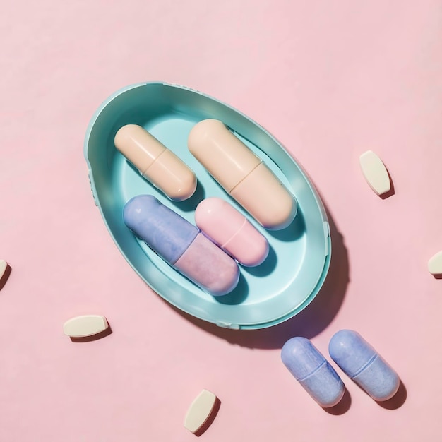 Синие капсулы таблетки на розовом фоне Концепция интернет-аптеки Баннер аптеки