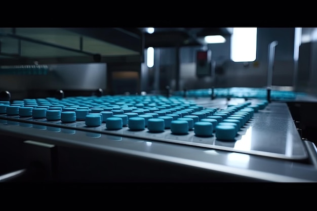 Photo blue capsules on conveyor at modern pharmaceutical factory tablet and capsule manufacturing process