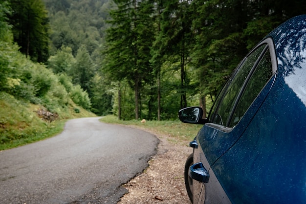 森への道を背景に美しい道を進んでいる青い車。シーズンカートリップロードトラベルコンセプト。映画撮影フィルムグレイントーンスタイル