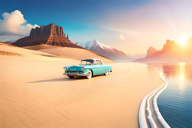 A blue car in the desert with mountains in the background