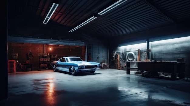A blue car in a garage with a white car in the background.