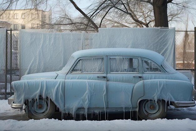 a blue car has its window covered with snow and ice in the style of light skyblue and beige