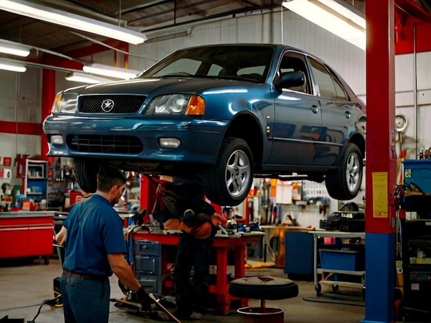 Photo a blue car is being lifted in a workshop