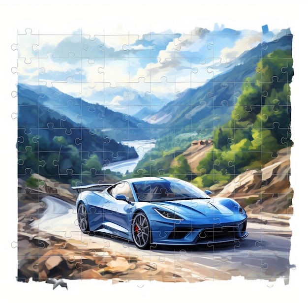 a blue car is on a mountain with a puzzle piece that says " puzzle ".