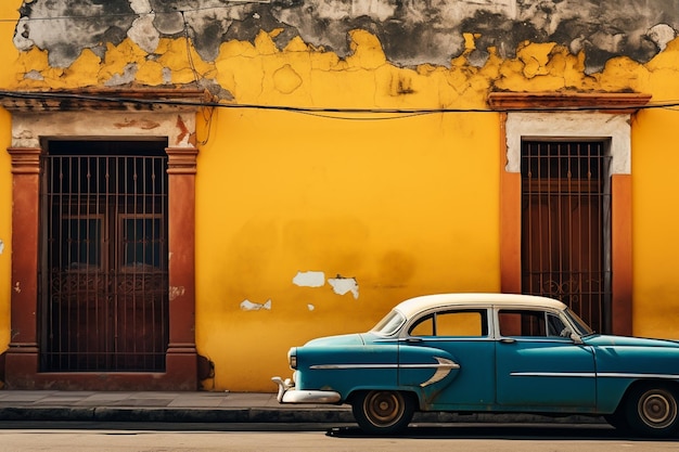 A blue car is parked in front of a yellow wall with graffiti on it.