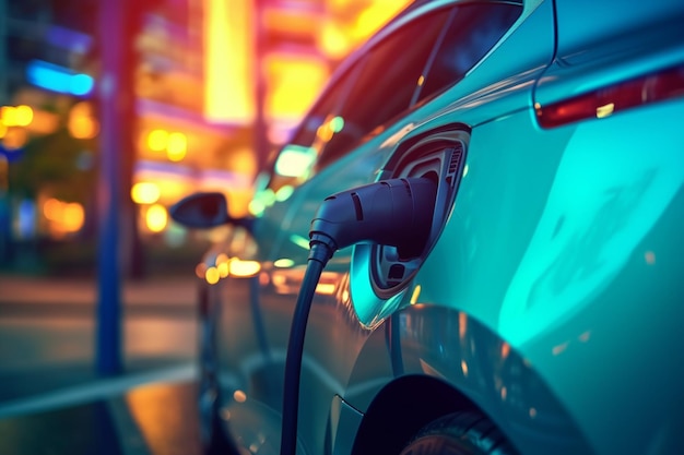 A blue car is plugged into a charging station.