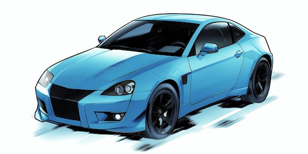 A blue car is shown in this drawing style on white background and a black outline on the front AI