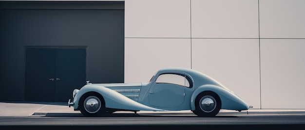 建物の前に駐車された青い車の生成AI画像