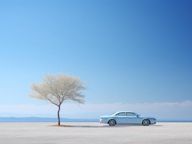 a blue car parked next to a tree in the desert