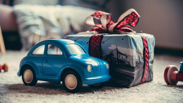 Photo blue car toy with present