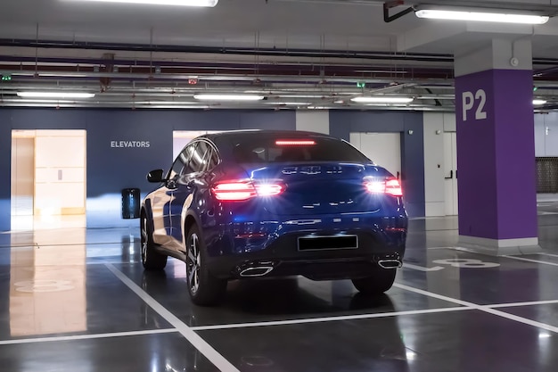 Blue car on the underground parking