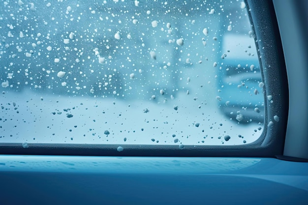 blue car window surrounded by snow in the style of light skyblue and gray