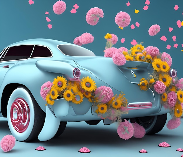 Foto una macchina blu con fiori sul retro