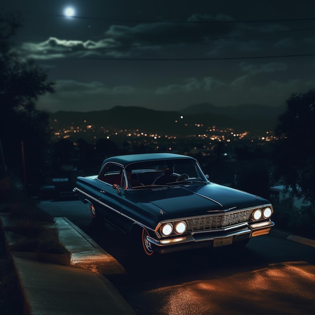 Photo a blue car with the headlights on and the moon in the background