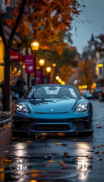 a blue car with lights on the hood is parked on a street