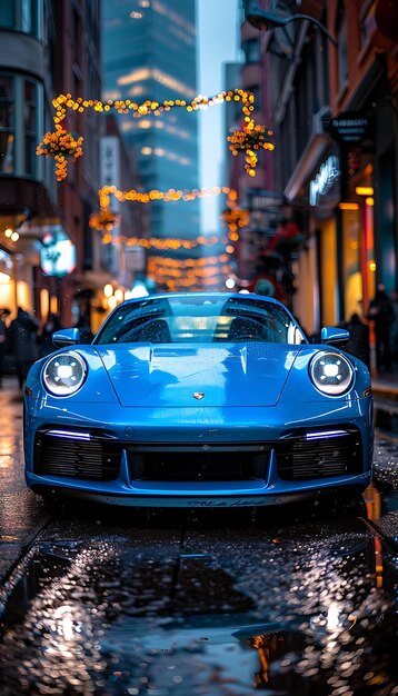 a blue car with the lights on it is parked on a wet street