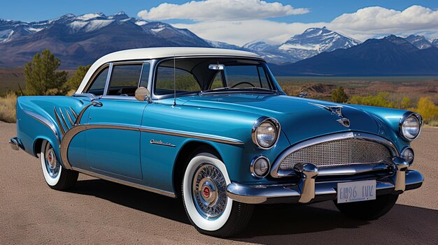 Photo a blue car with a mountain in the background