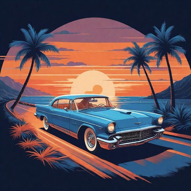 Photo a blue car with palm trees and a sunset in the background