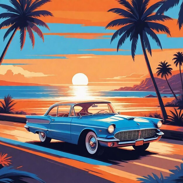 a blue car with palm trees and a sunset in the background