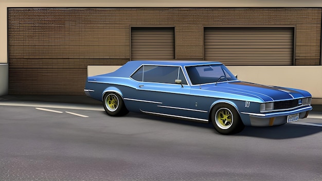 A blue car with rims is parked in front of a garage