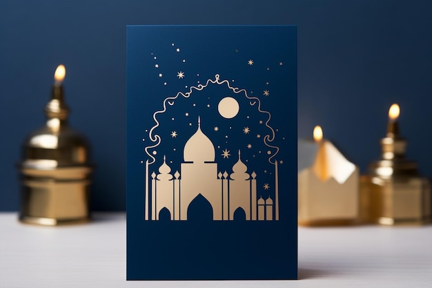 Photo a blue card with a silhouette of a mosque on it