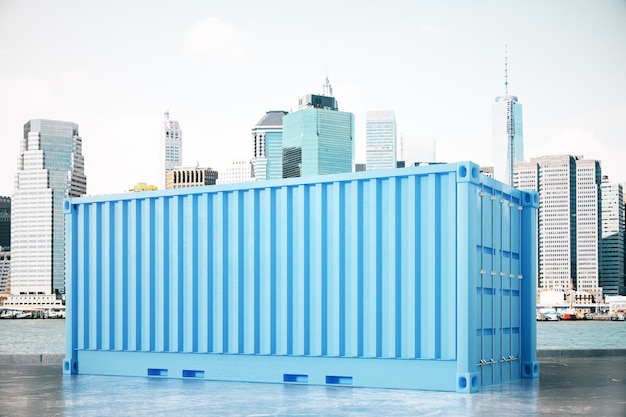 Blue cargo container in city