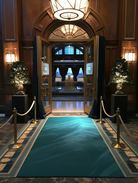 a blue carpet in a hotel with a gold chain.