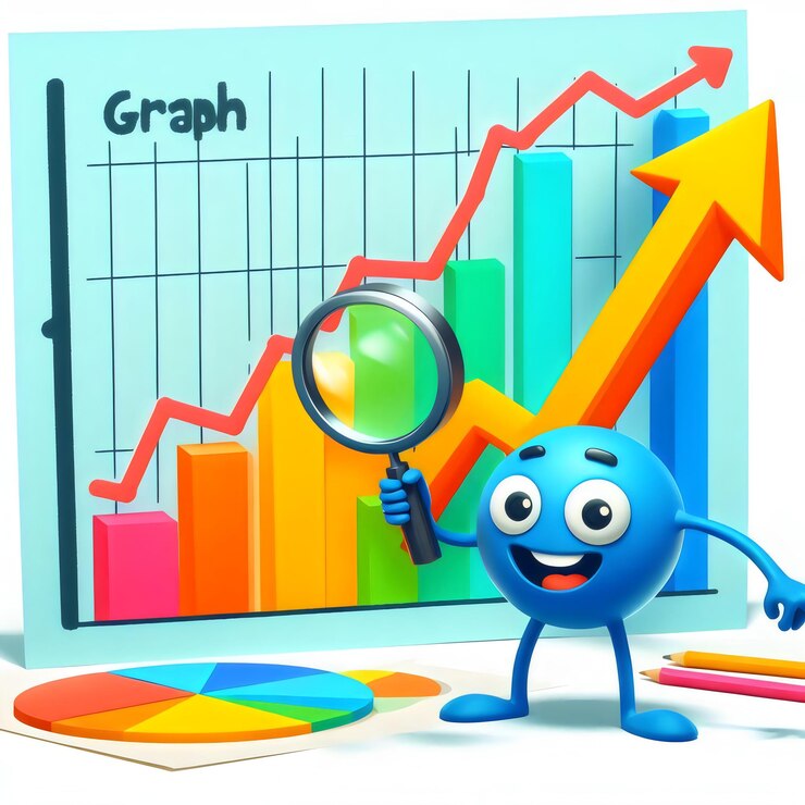 फोटो a blue cartoon character with a magnifying glass looking at a chart