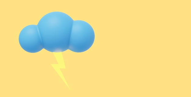텍스트에 대 한 노란색 배경 공간에 번개 3D 렌더링 아이콘이 있는 파란색 만화 구름