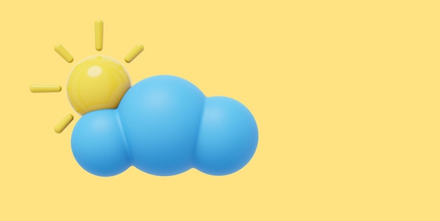 Blue cartoon cloud with sun 3D rendering Icon on yellow background space for text