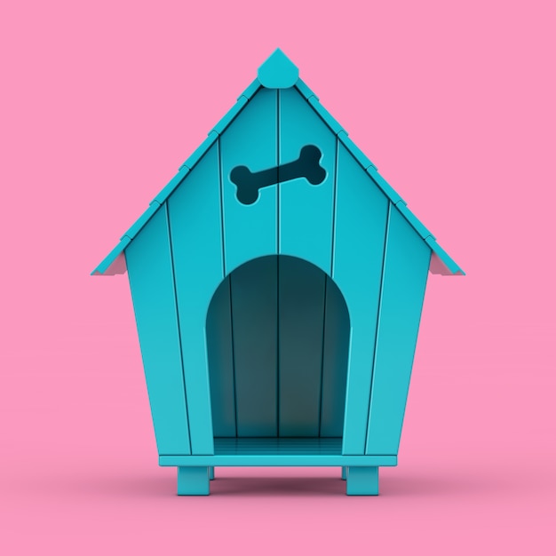 Голубой мультфильм Dog House Mockup Duotone на розовом фоне. 3d рендеринг