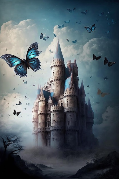 A blue castle with a castle and butterflies on it