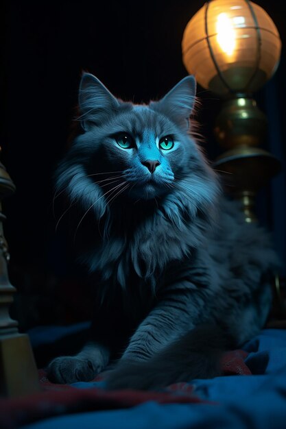 Blue Cat by Lamp Cozy Evening