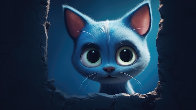 A blue cat looks out of a hole in a wall.