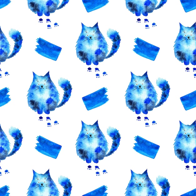 Blue cat pattern and watercolor blots