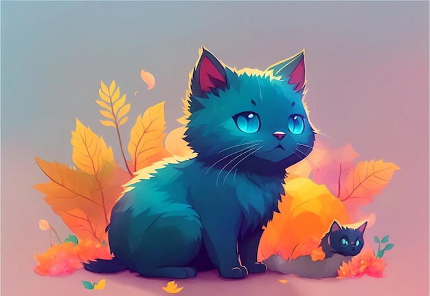 A blue cat with blue eyes sits in a pile of leaves.