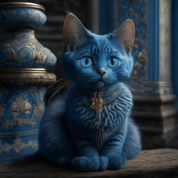 A blue cat with blue eyes sits on a stone bench.