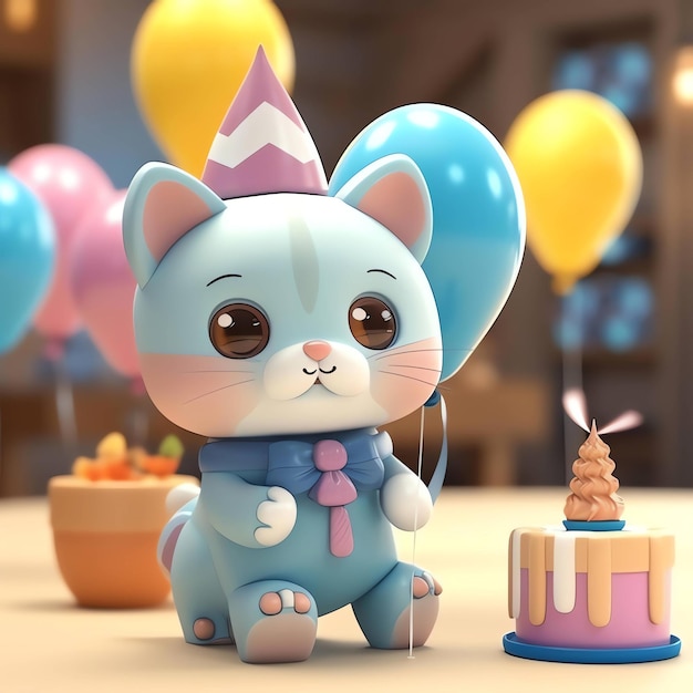 Photo a blue cat with a party hat sits next to a cake.
