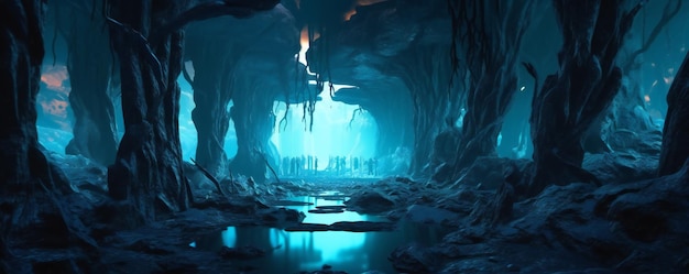 A blue cave with a blue light