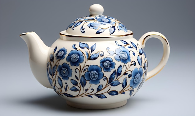 blue ceramic antique teapot on a white background