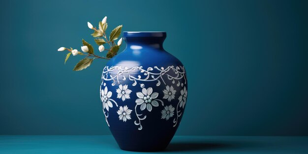 Blue ceramic vase with traditional folk painting ideal for interior design and displaying flowers