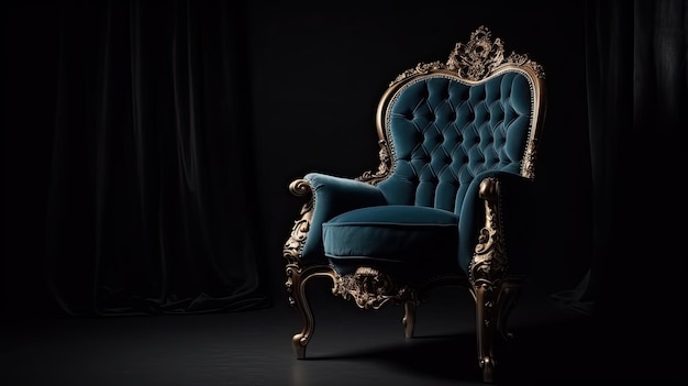 金と青の椅子のある暗い部屋の青い椅子。