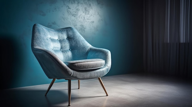 Photo a blue chair in a dark room with a light coming through the window.