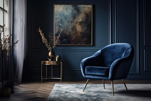 Blue chair in a dimly lit room with a striking painting hanging on the wall Generative AI