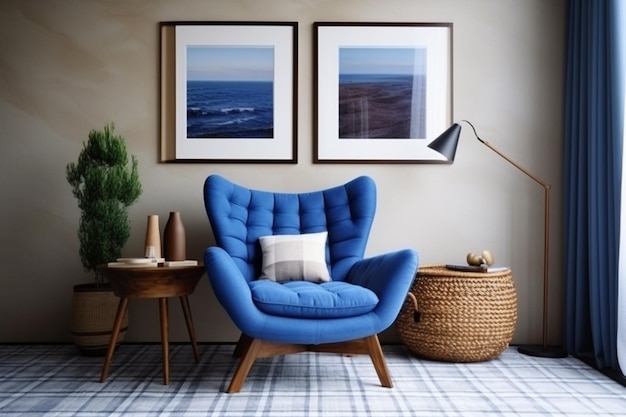 A blue chair in a living room with a table and a lamp.