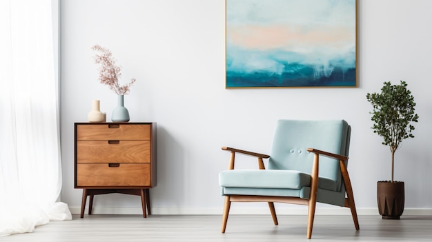 Blue chair near brown cabinet and art poster on white background