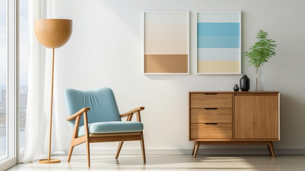 Blue chair near brown cabinet and art poster on white background