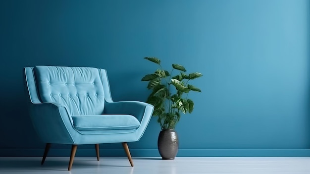 Foto una sedia blu e una pianta in vaso sono davanti a un muro blu